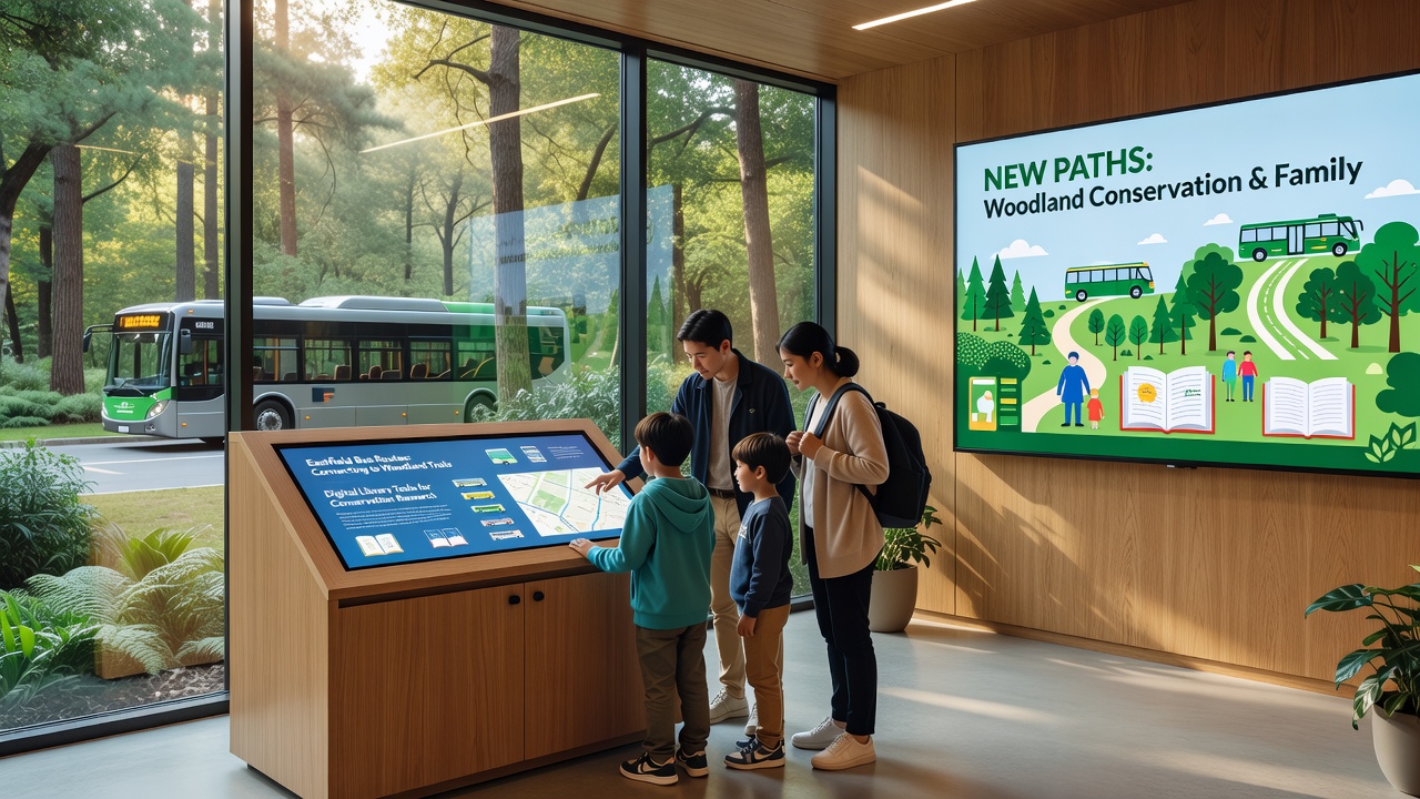 Digital library interface on a tablet showing woodland maps alongside families using the tools in a community setting
