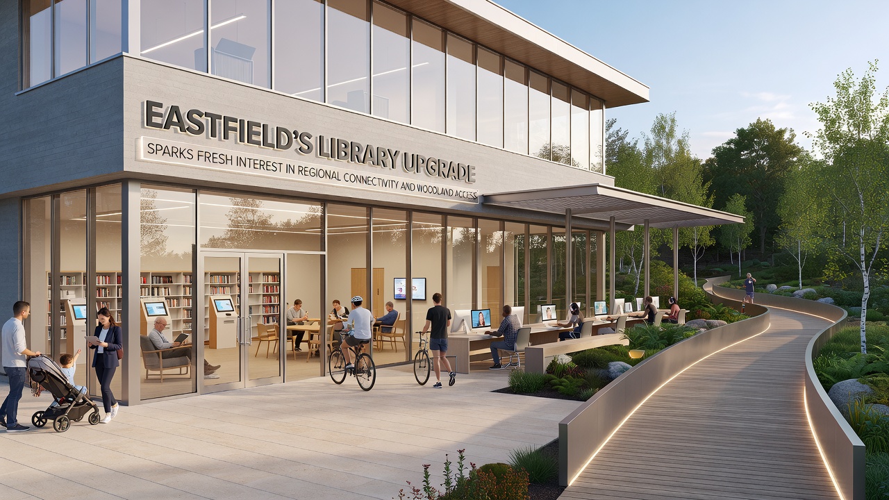 Interior view of the renovated Eastfield library with digital mapping stations and woodland trail displays